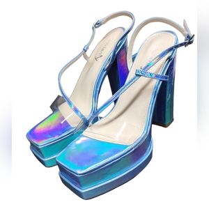 Vivian Blue Holographic Y2K Chunky Platform Heels Size 10